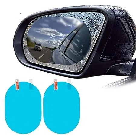 Universal anti-fog, anti-glare film on a car side mirror for clear, waterproof visibility.