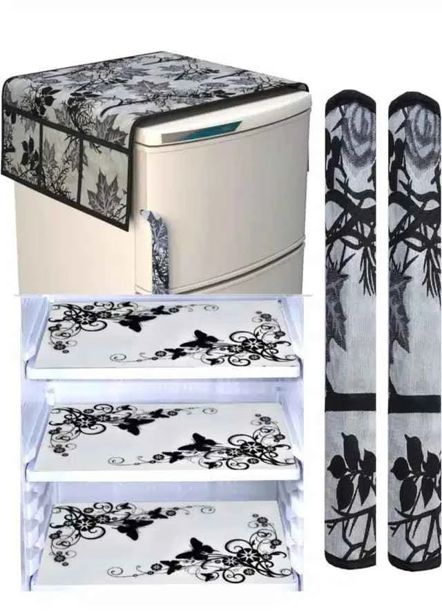 Knit multicolor printed fridge cover set: 3 mats, 2 handle covers, top cover.
