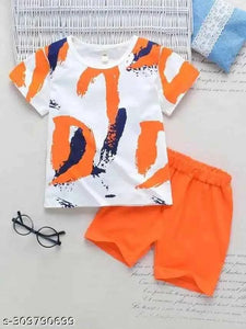 Premium Cotton Kids Clothing Set - White & Orange Printed Summer Outfit