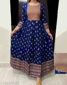 Anarkali Rayon Printed Kurti for Women (Royal Blue & Peach, S) – Stylish Ethnic Wear