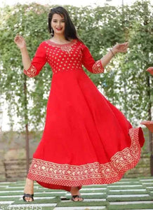 Rayon Printed Anarkali Kurtis for Women (Red, S)