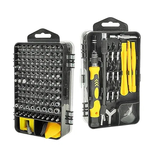 Screwdriver repair kit with multiple interchangeable bits and tools in a durable storage case.