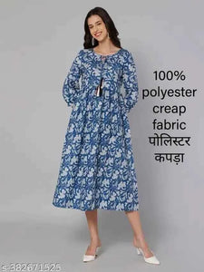 Anarkali Poly Crepe Printed Kurti for Women (Grey & Blue, M) – Stylish Ethnic Wear