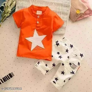 Hosiery Cotton Clothing Set for Boys (Orange & White, 3-6 Months)