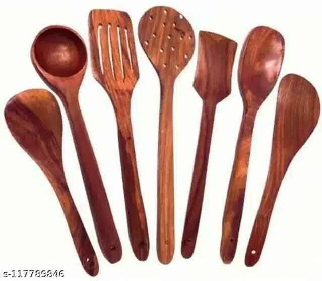 Set of 7 brown wooden cooking tools and utensils