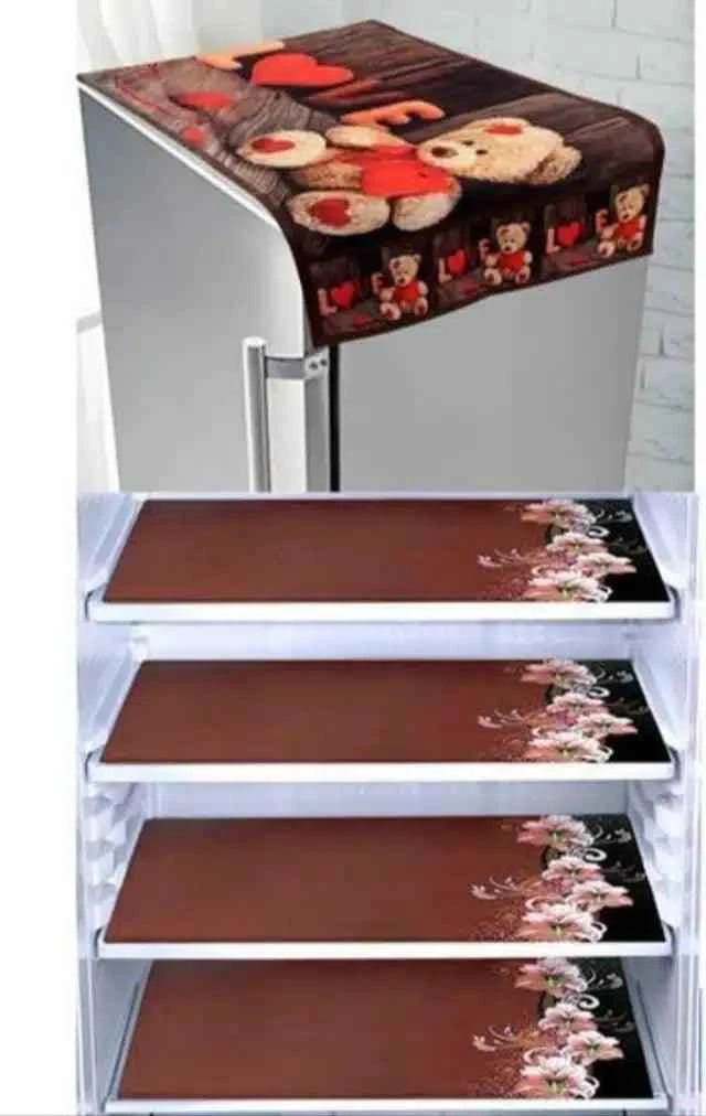 Brown knit printed fridge 4-pc mat set with top cover