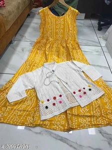 Rayon Printed Anarkali Kurti with Jacket for Women (Yellow & White, M)