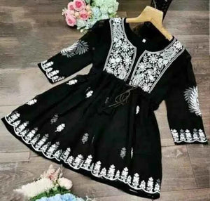 Premium Black Fox Georgette Embroidered Floral Top - Elegant 3/4 Sleeve Casual Blouse (XS)