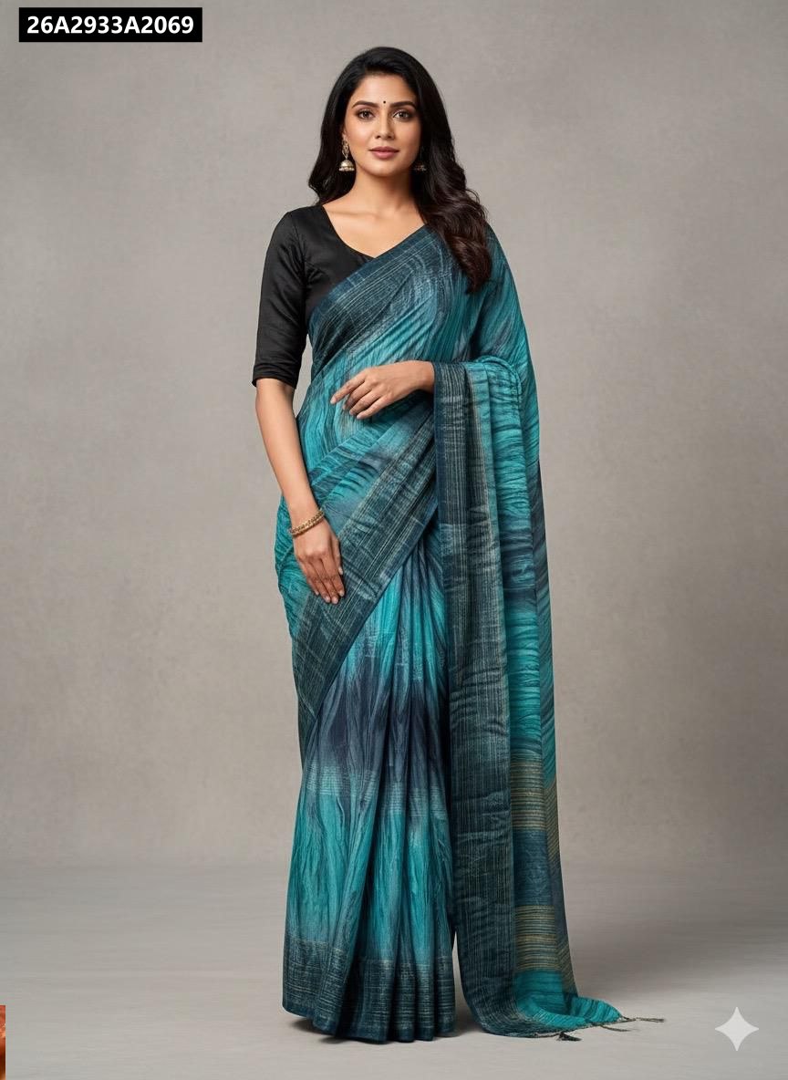 TRENDBUY Ocean Teal Ombré Soft Georgette Saree with Black Blouse
