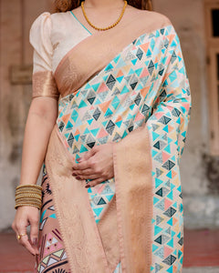 Exclusive Ivory and Peach Tussar Silk Saree with Geometric Digital Print and Zari Border for Elegant Office & Festive Wear