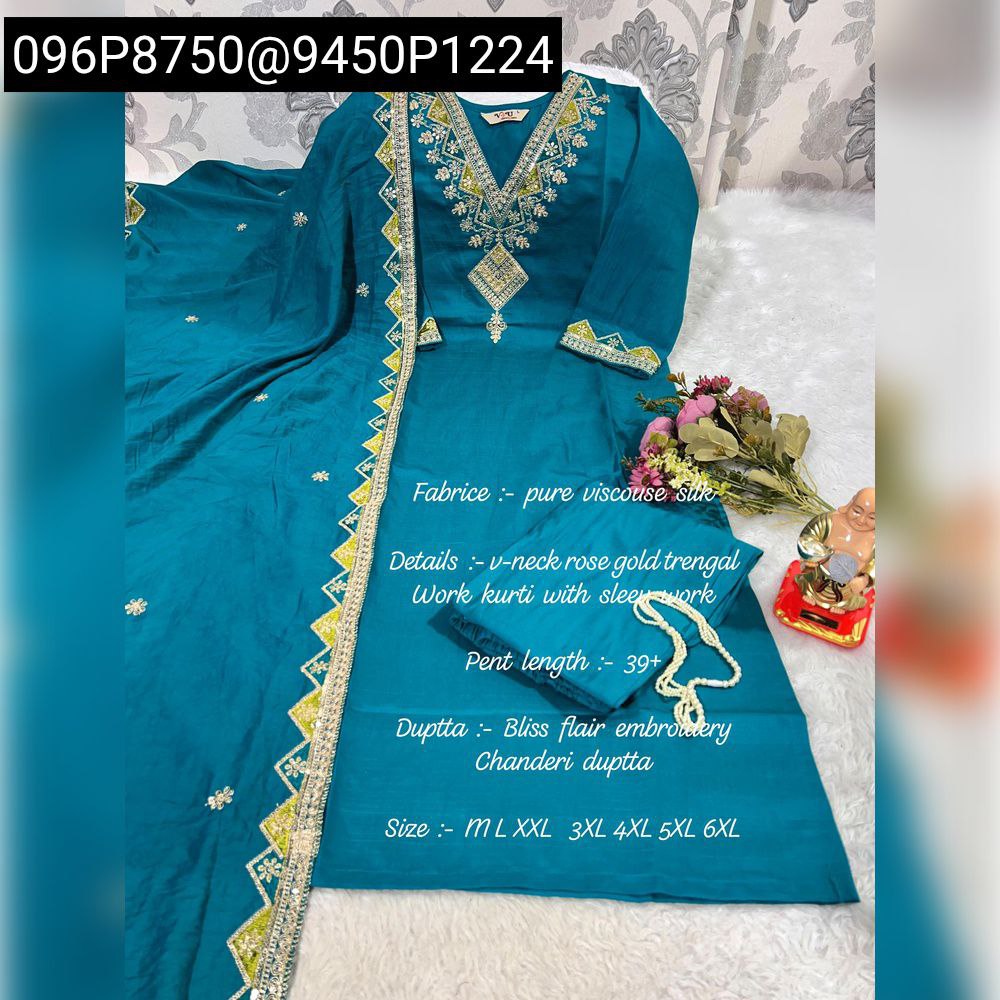Women's Teal Contrast Viscose Silk Embroidered Kurta Set with Olive Green Dupatta.