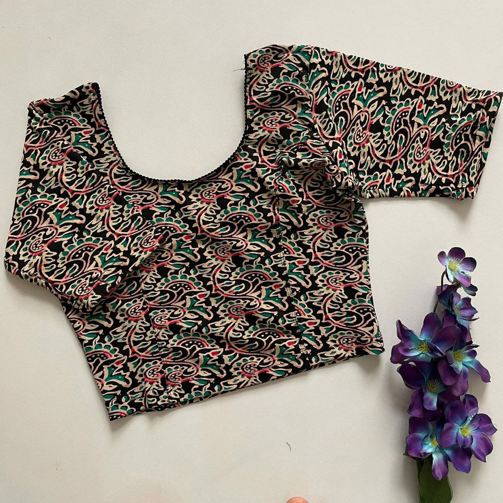 TRENDBUY Cotton Ajrak Print Blouse with black base and red-green paisley pattern, perfect for ethnic wear.