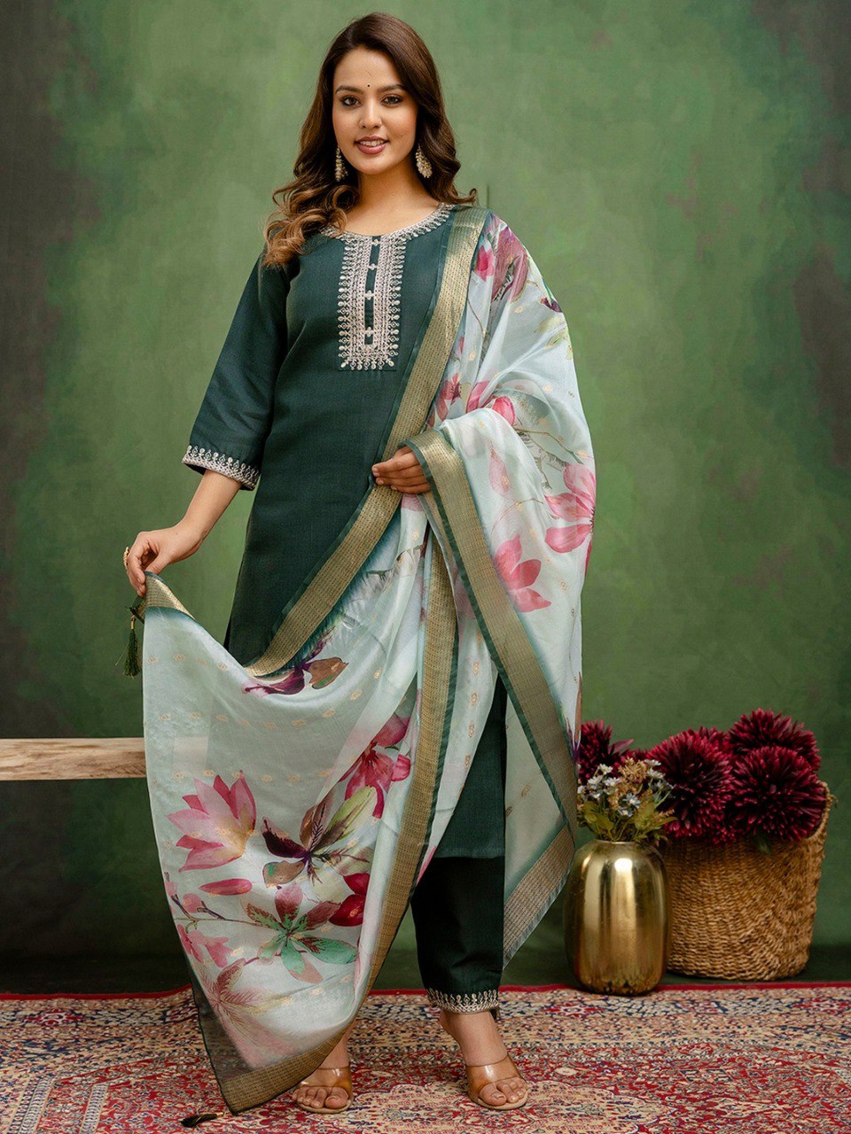 TRENDBUY Women's Embroidered Cotton Blend Kurta Pant Set with Organza Dupatta - Emerald Green