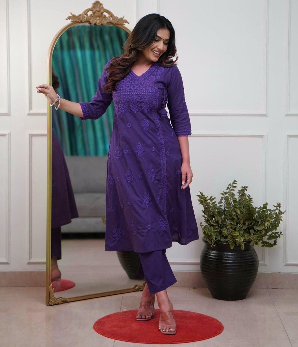 TRENDBUY Women's Deep Purple Cotton Chikankari Angrakha Kurti Pant Set