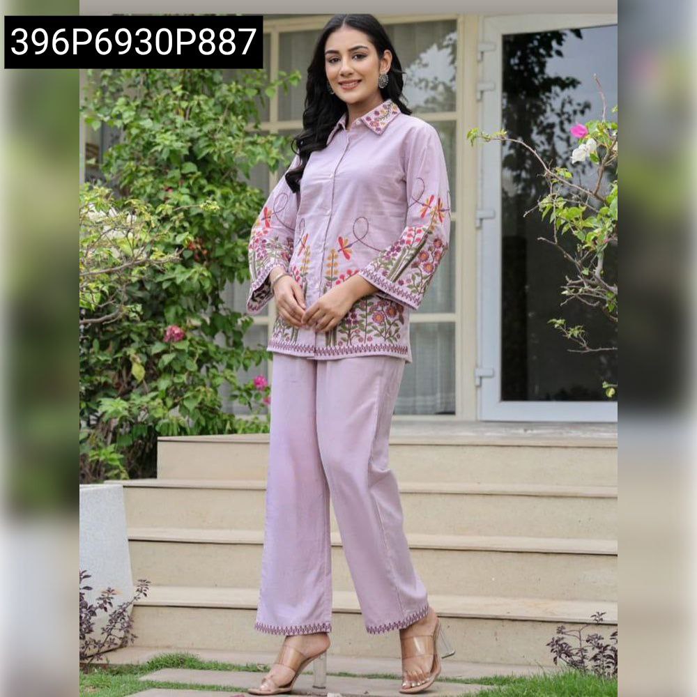 Full body shot of model wearing lavender embroidered cotton plazo pant set