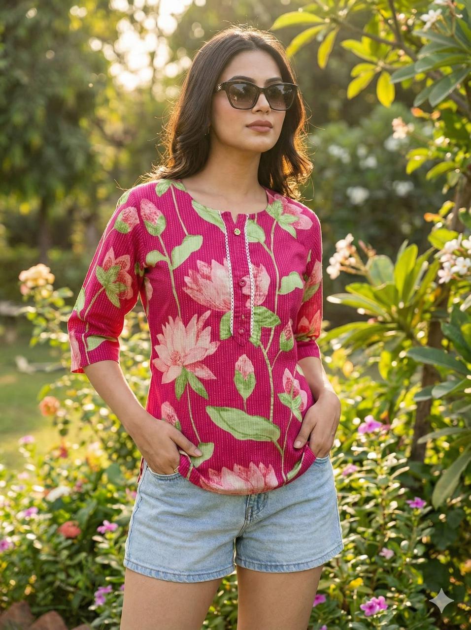 Woman in Bright Pink Floral Cotton Top, perfect for casual summer wear