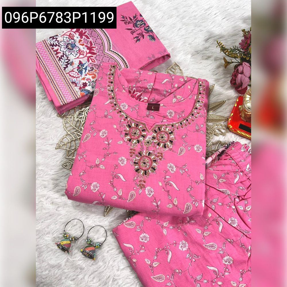 Folded Pink Cotton Hand Work Kurti Palazzo Set with Dupatta and decorative earrings