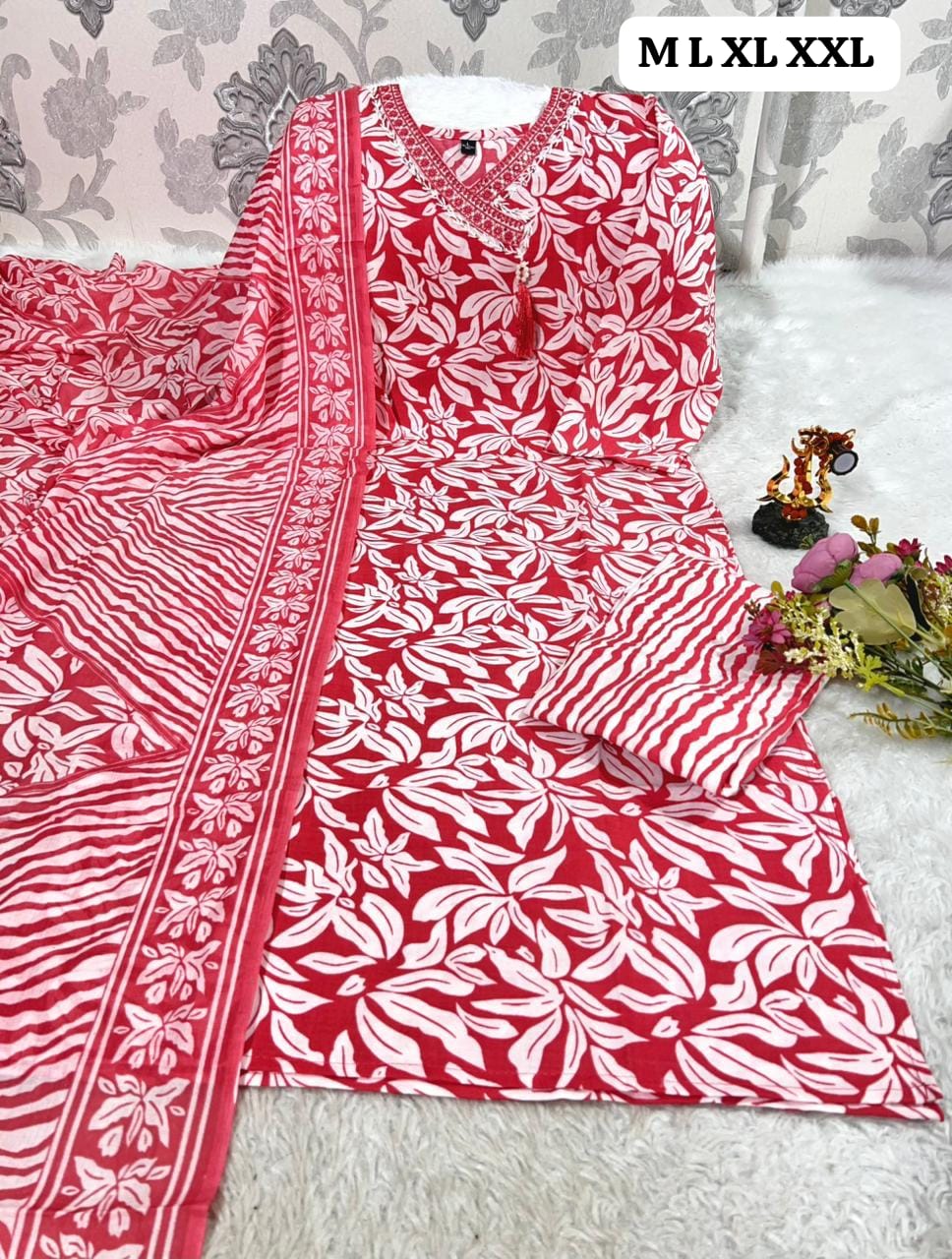 Red and white floral print cotton kurti pant dupatta set with heavy neck work by TRENDBUY
