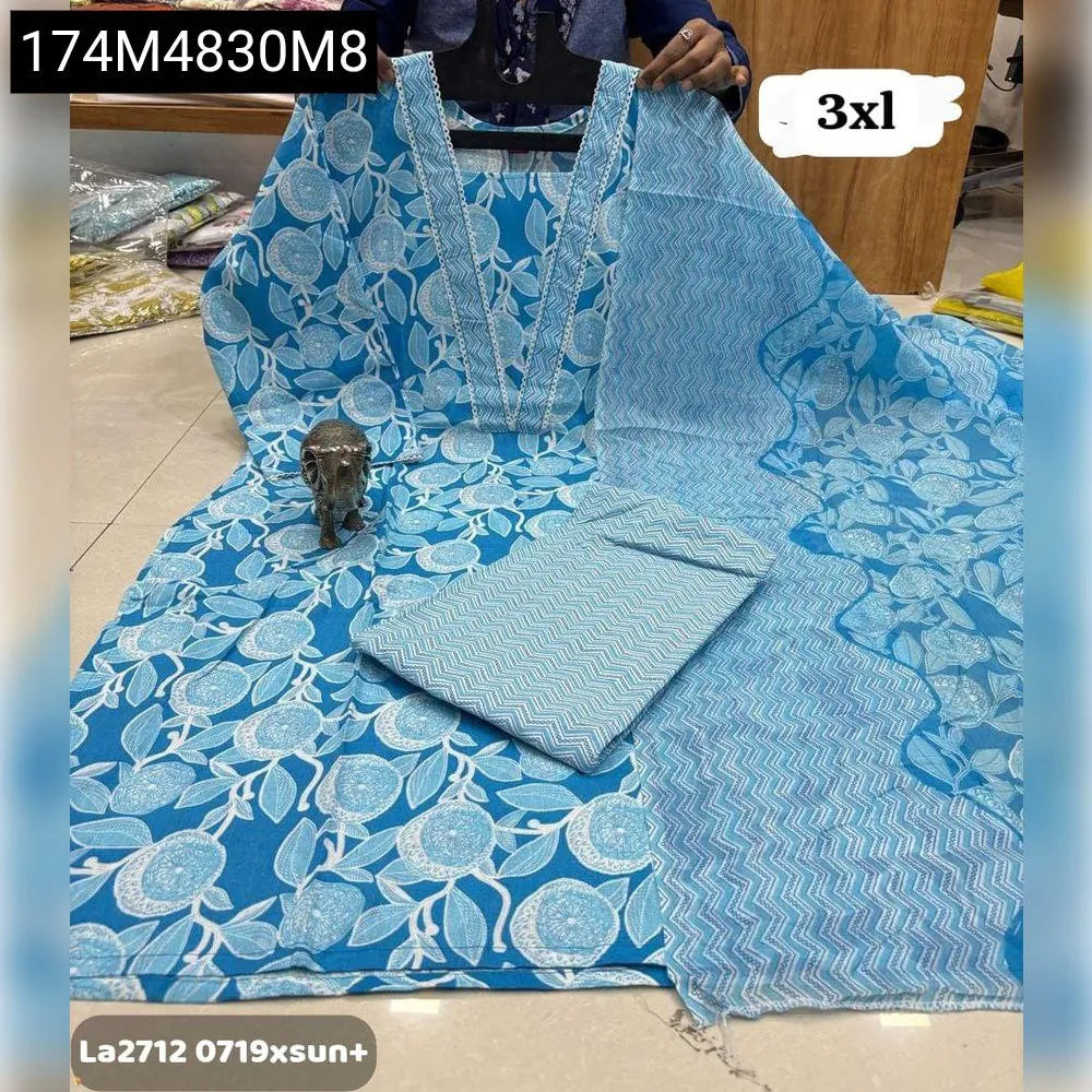 Blue Citrus Print Cotton Kurti Pant with Dupatta Set for Women