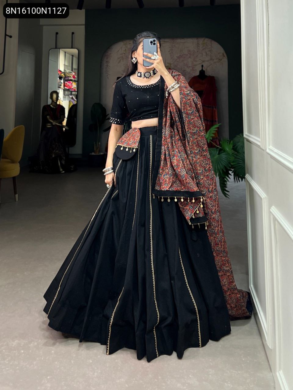 Full body view of TRENDBUY Black Pure Cotton Lehenga Choli for women, perfect for festive and casual wear.