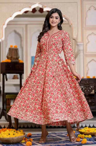 Red Cotton Anarkali Kurti for Women - Size M