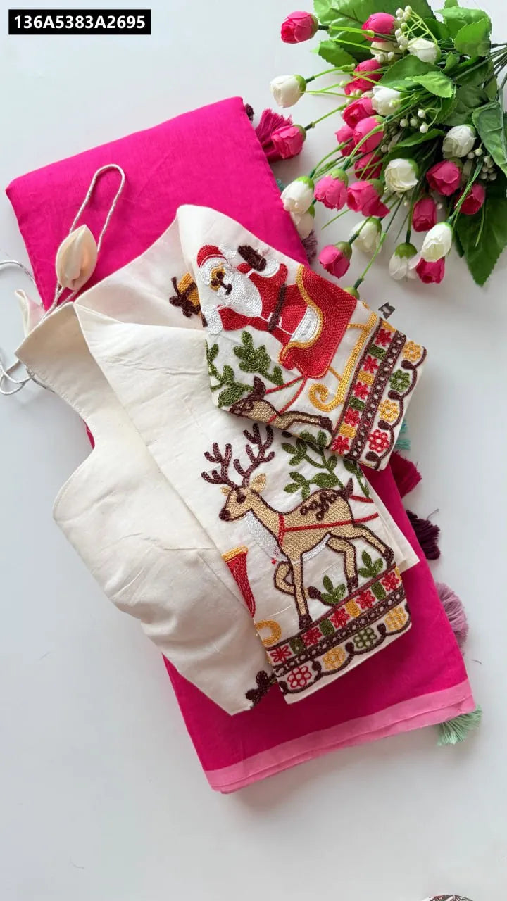 TRENDBUY Pink Cotton Silk Saree with Khadi Christmas Embroidered Blouse flat lay