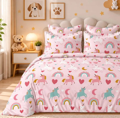 Cotton Super King Bedsheet 108x108 - Pink Unicorn Rainbow Print with 2 Pillow Covers