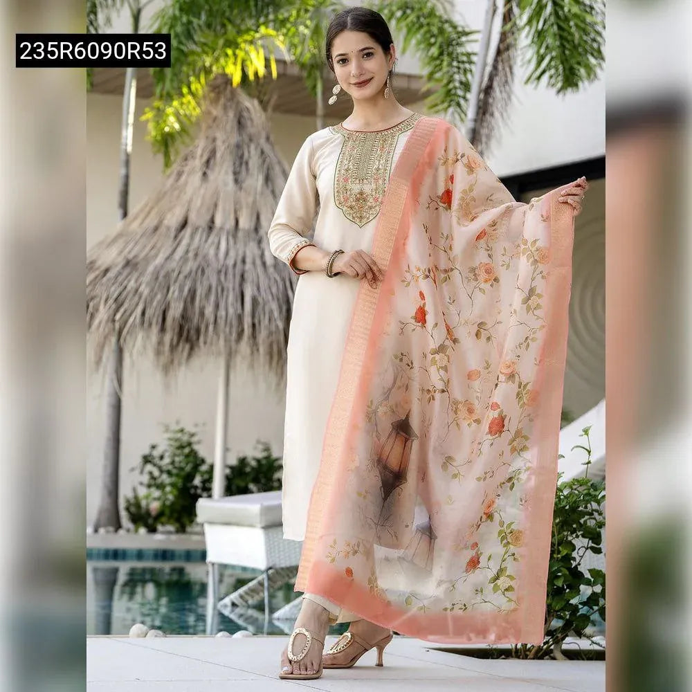 TRENDBUY Women's Cream Embroidered Viscose Rayon Kurta Set with Organza Dupatta, front view