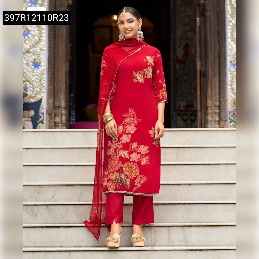 TRENDBUY Women's Red Crepe Floral Printed Straight Kurta with Handwork, matching pant and printed dupatta, full view