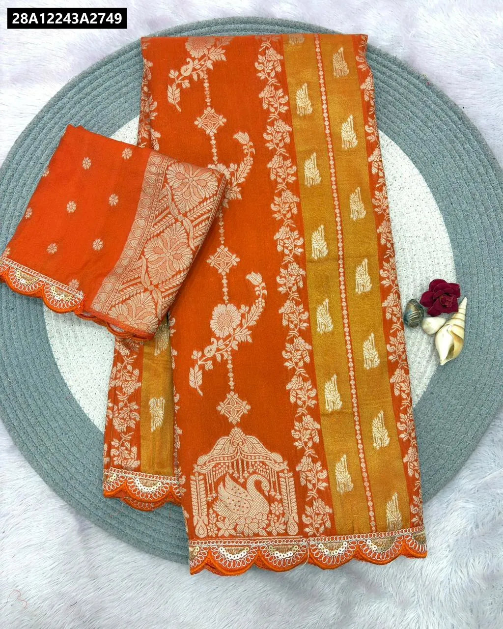 TRENDBUY Orange Crepe Khadi Paithani Silk Saree with matching Blouse Piece and intricate Jari work