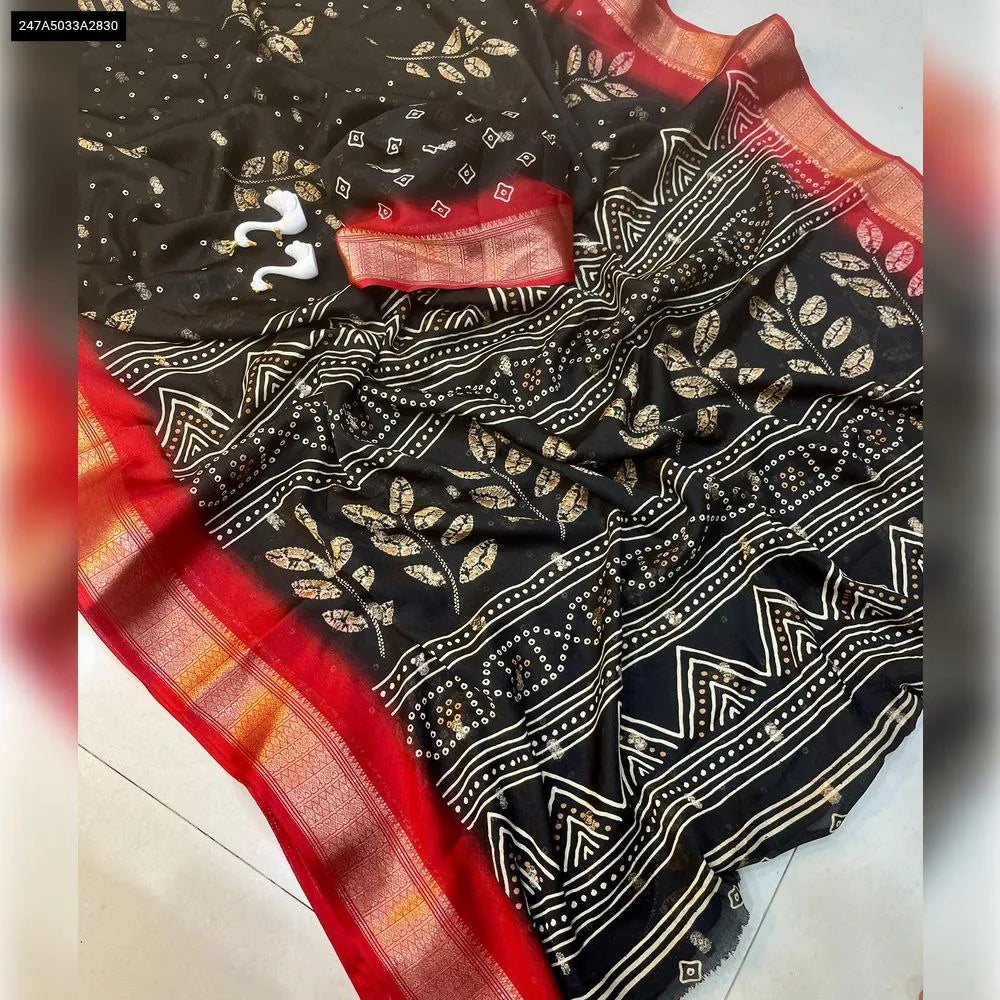 TRENDBUY Premium Black Crepe Silk Saree with Red Border and Jari Butti Work