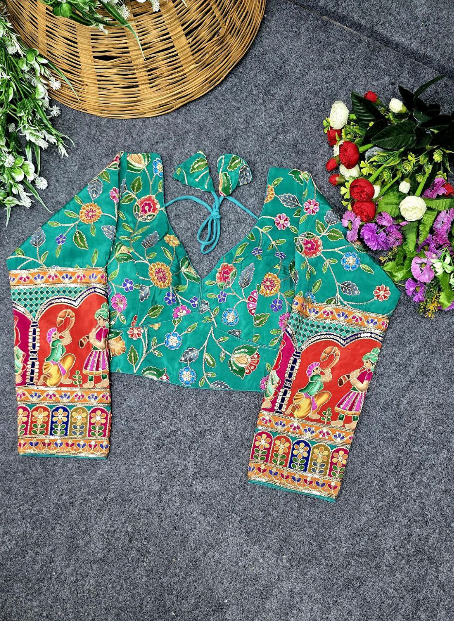 TRENDBUY Teal Green Crepe Viscose Blouse with Multicolor Pojisan Print Embroidery and Full Sleeves