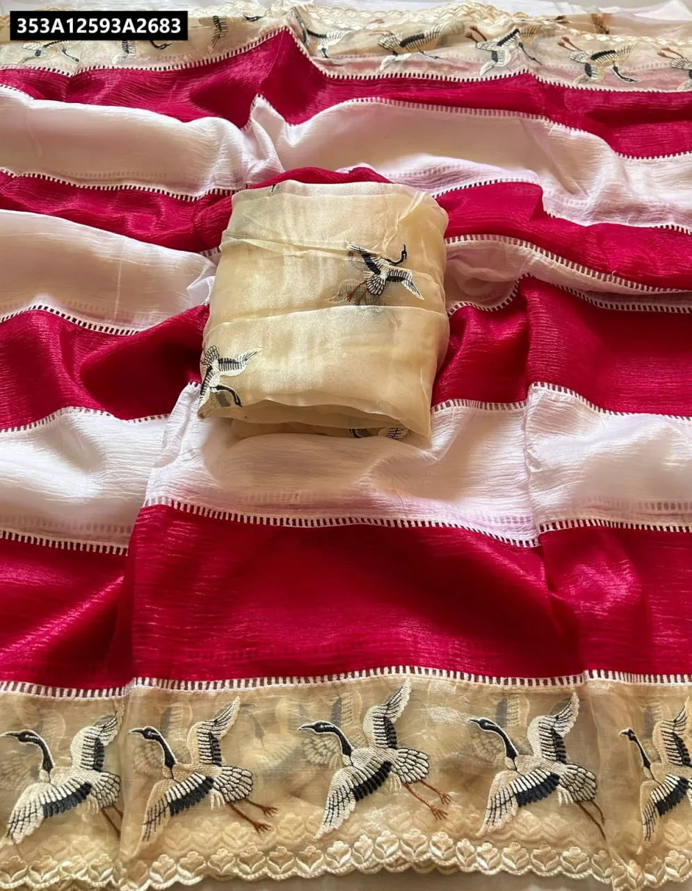 TRENDBUY Crimson & Ivory Fenday Crush Saree with Kalamkari print embroidery and cut work border, with matching blouse piece.