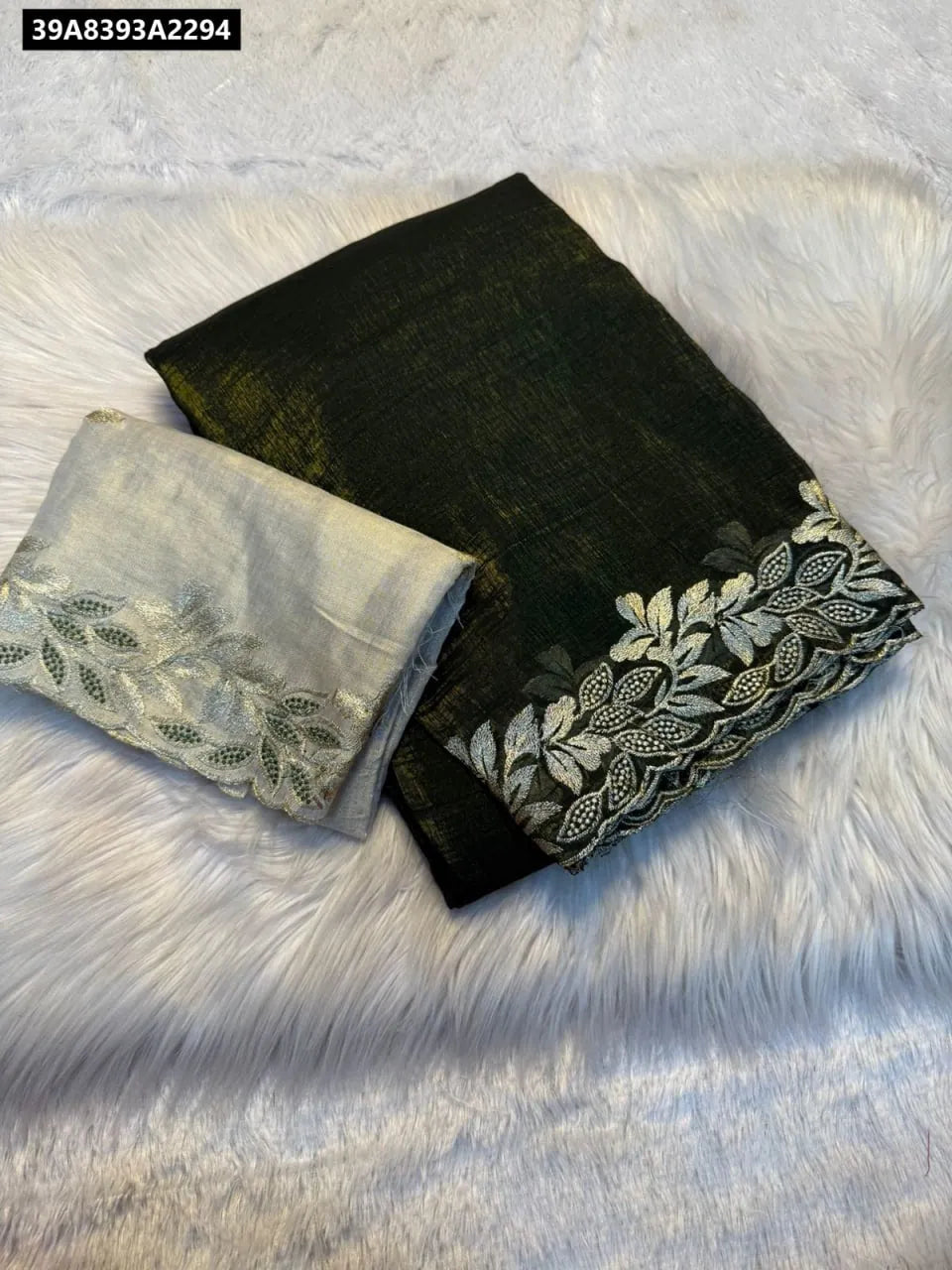 TRENDBUY Deep Olive Green Crunchy Art Silk Saree with matching thread embroidery and contrast blouse