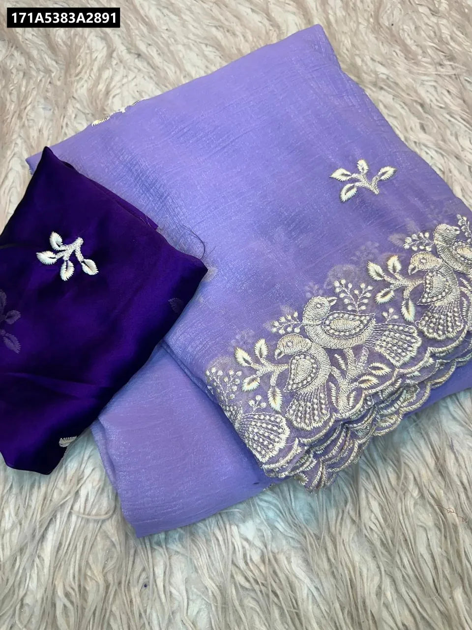 Lavender Crunchy Silk Saree with dark purple blouse, showcasing fancy coding and sequin embroidery with peacock motifs.