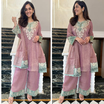 Crunchy Silk Kurti Set Embroidered Palazzo for Women | Party Wear