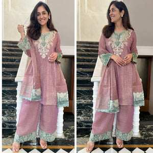 Crunchy Silk Kurti Set Embroidered Palazzo for Women | Party Wear