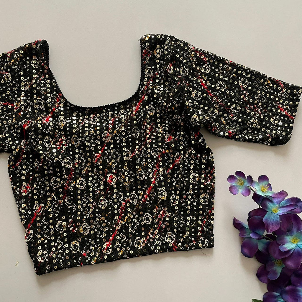 TRENDBUY Black Gold Crush Foil Print Sequined Blouse, studio shot