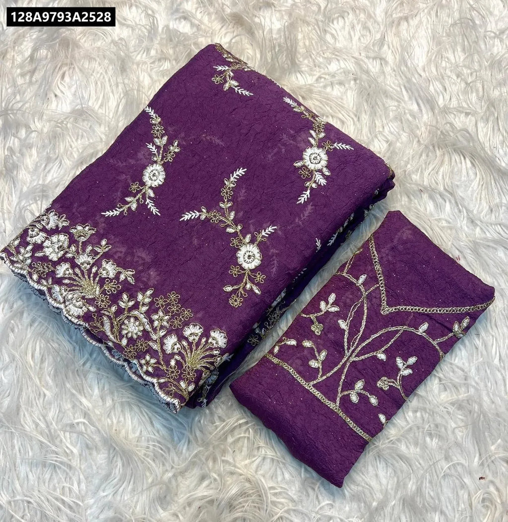 TRENDBUY Dark Violet Crush Silk Saree with Fancy Coding and Sequins Embroidery, flat lay
