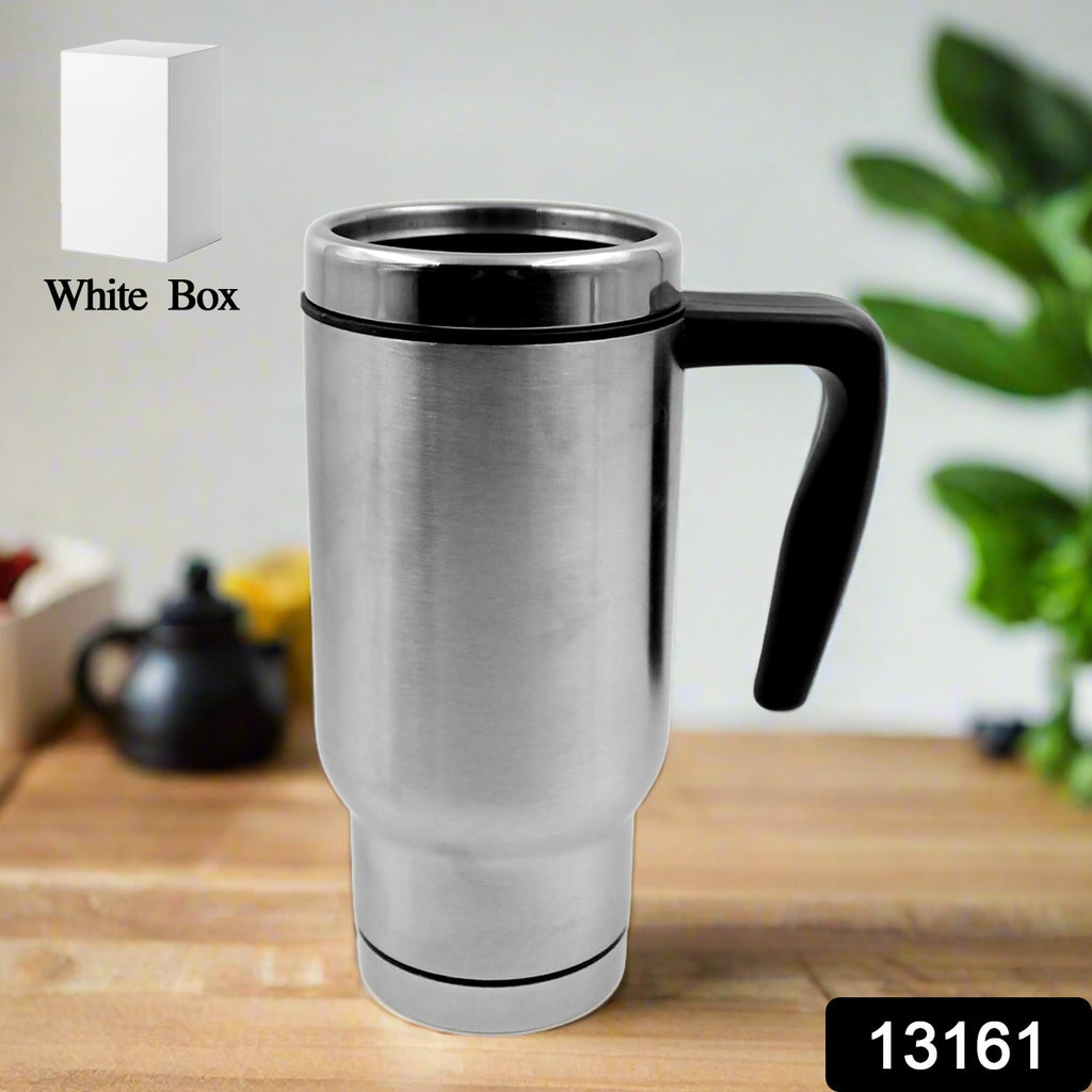 Sleek stainless steel coffee mug with handle and black lid