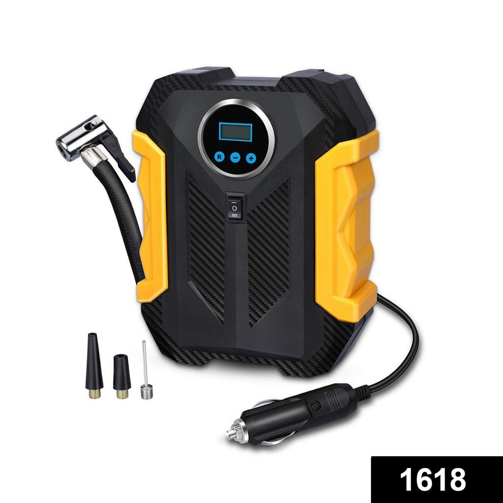 Portable electric car & bike tire inflator pump with digital display in use