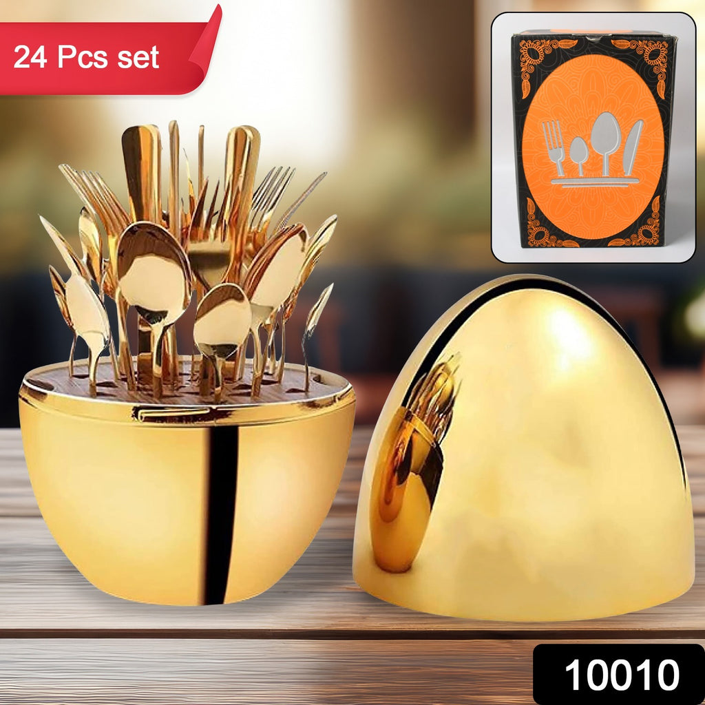 Golden 24 Pcs Premium Cutlery Set with Oval Egg-shaped Luxury Stand