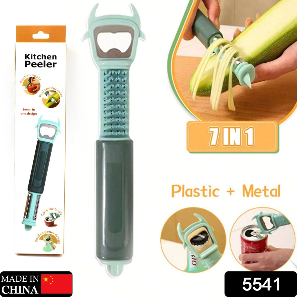 Multifunctional 7-in-1 kitchen peeler, slicer, and can opener opening a can with non-slip handle.