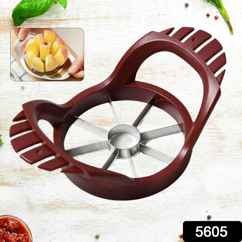 5605 Stainless steel apple slicer and core remover in action, cutting a red apple into uniform wedges.