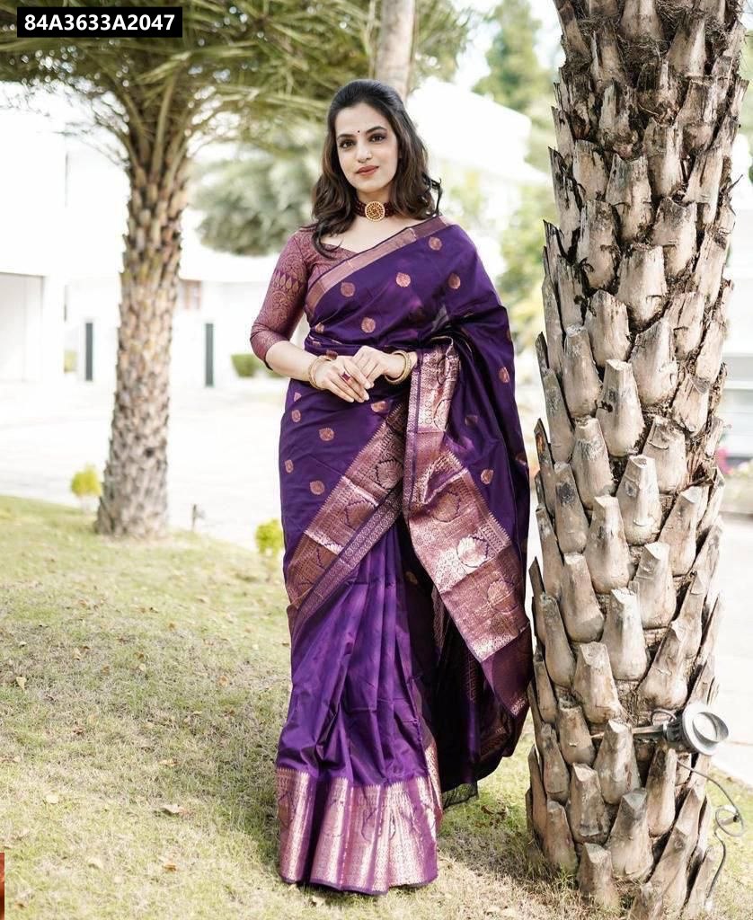 TRENDBUY Deep Purple Lichi Silk Saree for women with Jacquard work and Brocade Blouse, full shot