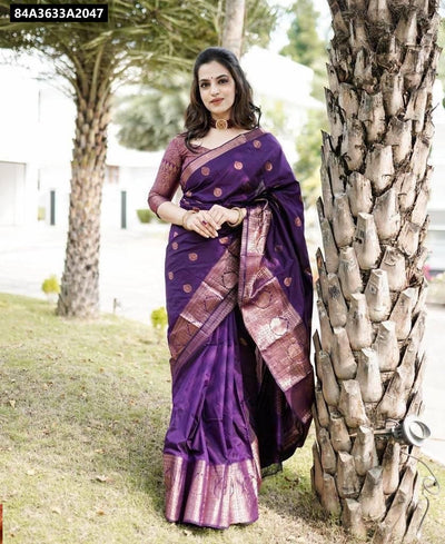 Deep Purple Lichi Silk Saree for Women | Festive & Wedding Wear