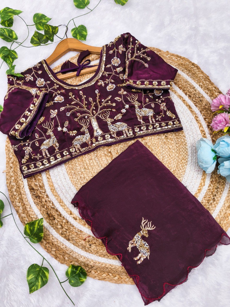 TRENDBUY Deer Embroidered Fandy Satin Silk Saree with Blouse - Maroon