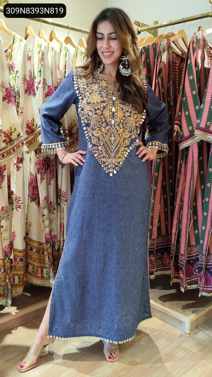 Elegant full body shot of a model showcasing the Women's Long Denim Dress with side slit, featuring traditional embroidery and mirror accents, perfect for festive wear.
