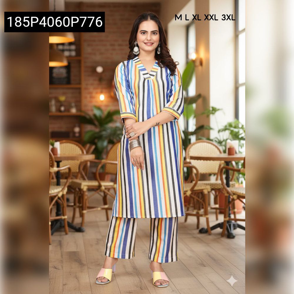 Women's Multi-Stripe A-Line Rayon Cord Set with Ankle Length Pants