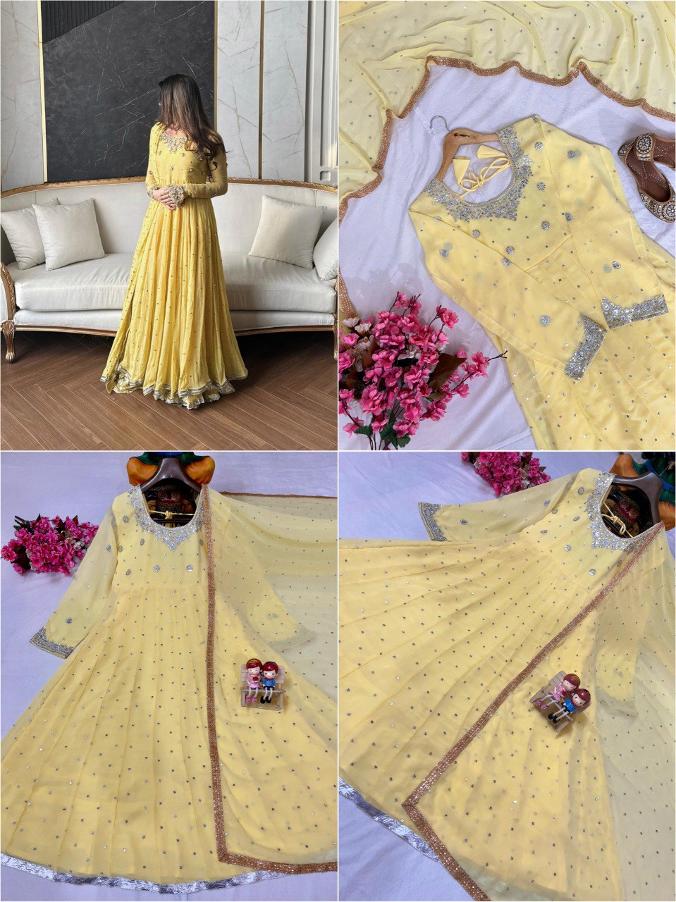 Model in elegant yellow Anarkali gown with sequin embroidery, showcasing dress details and overall design.